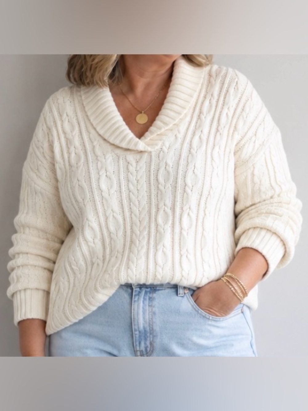 LANDS END Ivory Tunic Length Cotton Blend Cable Knit Sweater Size XL